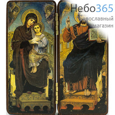  Складень деревянный 11х12 см, двойной удлинённый (КиД) Господь Вседержитель, Божией Матери Васнецовская (№20-3), фото 1 