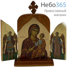  Складень деревянный A11G, 20х19, тройной, с навершием, подставкой, крестом икона Божией Матери Одигитрия с предстоящими Архангелами, фото 1 
