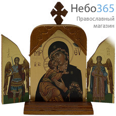 Складень деревянный A11G, 20х19, тройной, с навершием, подставкой, крестом икона Божией Матери Владимирская с предстоящими Архангелами, фото 1 