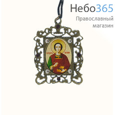  Икона-подвеска металлическая 3,5х4, латунный сплав, печать на металле, стразы, в бархатном мешочке Пантелеймон, великомученик, фото 1 