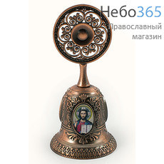  Колокольчик металлический с металлизированными цветными иконами, с круглой ажурной ручкой, высотой 6,3 см цвет: медь, фото 1 