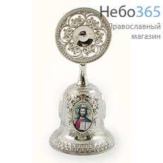  Колокольчик металлический с металлизированными цветными иконами, с круглой ажурной ручкой, высотой 9,3 см. цвет: серебро, фото 1 