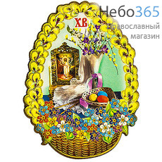  Магнит на дереве пасхальный, цветной, с золотым тиснением, в ассортименте (в уп.- 5 шт.) № 7 В форме яйца, с изображениями храмов, в обрамлении желтой вербы, в ассортименте, фото 1 