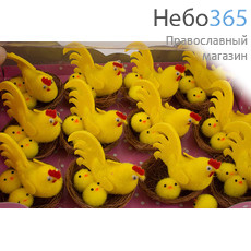  Сувенир пасхальный набор Цыплята в корзинке, синтетические, в ассортименте вид № 7  Петух и два цыпленка., фото 1 