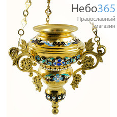  Лампада подвесная латунная Каскад, без стакана, с эмалью со сканью, с золочением, высотой 18 см с синей эмалью и камнями, фото 1 