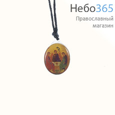  Медальон нательный овальный, цветной, двусторонний, на пластике, под заливкой из смолы, 2 х 1,7 см, с гайтаном Дусторонний: Пресвятая Троица и  Распятие, фото 1 