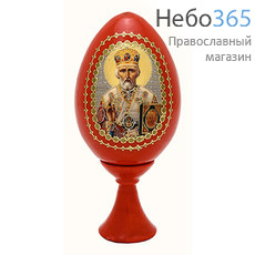  Яйцо пасхальное деревянное на подставке, с иконой, красное, высотой 7 см (без учета подставки) с иконами Святых, в ассортименте, фото 1 