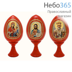  Яйцо пасхальное деревянное на подставке, с иконой, красное, высотой 7 см (без учета подставки) в ассортименте из имеющихся разновидностей, фото 1 