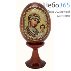  Яйцо пасхальное деревянное на подставке, с иконой, коричневое, миниатюрное, с цветной литографией и зол. аппликацией, выс. 5 см с иконой Божией Матери, в ассортименте, фото 1 