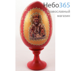  Яйцо пасхальное деревянное на подставке, с иконой, красное, среднее, с цветной литографией и золотой аппликацией, высотой 9 см с иконами Святых, в ассортименте, фото 1 