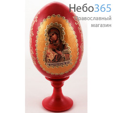  Яйцо пасхальное деревянное на подставке, с иконой, красное, среднее, с цветной литографией и золотой аппликацией, высотой 9 см с иконой Божией Матери, в ассортименте, фото 1 