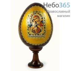  Яйцо пасхальное деревянное на подставке, с иконой, коричневое, среднее, с золотистым фоном, с золотой аппликацией, выс. 8,5 см (без учета подст.) с иконой Божией Матери, в ассортименте, фото 1 