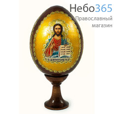  Яйцо пасхальное деревянное на подставке, с иконой, коричневое, среднее, с золотистым фоном, с золотой аппликацией, выс. 8,5 см с иконой Спасителя, в ассортименте, фото 1 