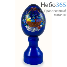  Яйцо пасхальное стеклянное Светлая Пасха, на цельной подставке, из окрашенного стекла, с ручной росписью, высотой 19 см, разных цветов,1609 синее, фото 1 