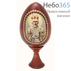  Яйцо пасхальное деревянное на подставке, с иконой, мореное, с золотистой и серебристой отделкой, высотой 7,5 см (без учета подставки) с иконами Святых, в ассортименте, фото 1 