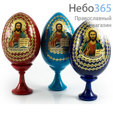  Яйцо пасхальное деревянное на подставке, цветное, с иконой, высотой б/п:8 см., н/п: 11.5 см с иконами Спасителя, в ассортименте, фото 1 