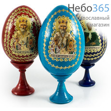  Яйцо пасхальное деревянное на подставке, цветное, с иконой, высотой б/п:8 см., н/п: 11.5 см с иконами Святых, в ассортименте, фото 1 