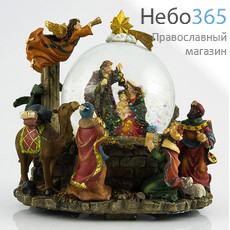  Вертеп рождественский из полистоуна, в шаре с гелем и блестками, музыкальный, с подсветкой, высотой 17 см, NX 25454, фото 1 