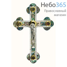  Крест деревянный Иерусалимский из оливы, с перламутром, с металлическим распятием, с 5 вставками, высотой 22 см, № 2, фото 1 