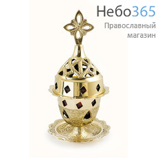  Лампада настольная бронзовая на блюдце, с куполообразной крышкой, с крестом, со стаканом, высотой 16 см, 9353 В, фото 1 