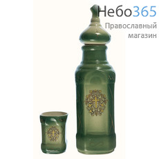  Сосуд керамический для святой воды, "Квадрат", в наборе со стаканом, с цветной глазурью и зол. росписью, высотой 26.5 см, цвета в ассорт., фото 1 