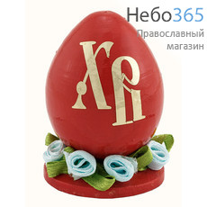  Яйцо пасхальное деревянное малое, на блюдце, с цветами из атласной ленты, красное, с золотой аппликацией, высотой 5 см (в уп.- 10 шт.), фото 1 