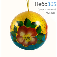  Сувенир рождественский деревянный, ёлочный шар, средний, "Цветы", с цветной росписью, диаметром 7 см, 20060, фото 1 