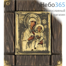  Икона на дереве 18х20 (икона 11х13), в ризе, с металлическими уголками, с пропилами, на кольце икона Божией Матери Иверская, фото 1 