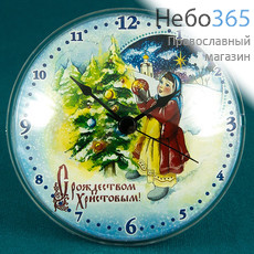  Часы - рождественский сувенир настенные на пластике, на магните "Девочка у ёлки", "Ангелы у елки", в ассортименте, диаметром 10 см, фото 1 