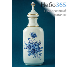  Сосуд керамический для святой воды, "Плоский", малый, с белой глазурью и деколями "Василек", "Весна", "Золотая ветка", с золотом, 6560, фото 1 