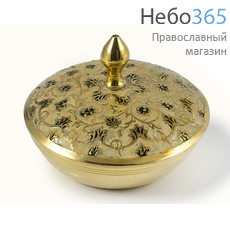  Шкатулка для ладана латунная , круглая, с бело - золотистой эмалью на крышке, 11 х 8 см, И73 Б, фото 1 