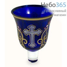  Стакан для лампад синий с конусом, объём 150 мл. Стекло, роспись крест, орнамент № 63, 8,5х12 см., фото 1 