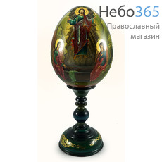  Яйцо пасхальное деревянное с писаной иконой Воскресение Христово , на подставке, сине-серое, круговое, высотой 22 см (без учёта подставки), фото 1 