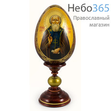  Яйцо пасхальное деревянное с писаной иконой "прп. Сергий Радонежский" , на подставке, коричневое, высотой 21 см (без учёта подставки), фото 1 