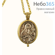  Мощевик - медальон металлический , овальный с иконой Божией Матери, на цепочке, с магнитным замком, 4 х 2.5 см, в бархатной коробочке, фото 1 