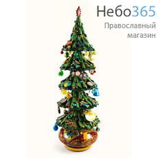  Сувенир рождественский "Ёлка" музыкальная, деревянная, расписная, с игрушками, высотой 38 см, авторская работа, фото 1 
