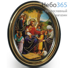  Икона на пластмассе 5х6, овальная, на подставке Господь Вседержитель с детьми, фото 1 