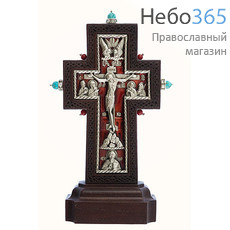  Крест деревянный 17128-1, с вклейкой из гальваники, с эмалью, на подставке, с камнями, малый с красной эмалью, фото 1 