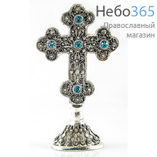  Крест металлический греческий, ажурный, на подставке, малый, 957 с голубыми камнями, фото 1 