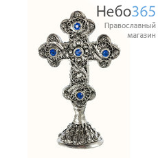  Крест металлический греческий, ажурный, на подставке, малый, 957 с синими камнями, фото 1 