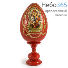  Яйцо пасхальное деревянное на подставке, с иконой, красное, среднее, с золотой отделкой, высотой 14см с иконой Божией Матери Жировицкая, фото 1 