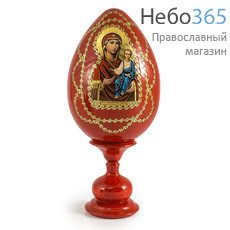  Яйцо пасхальное деревянное на подставке, с иконой, красное, среднее, с золотой отделкой, высотой 14см с иконой Божией Матери Смоленская, фото 1 