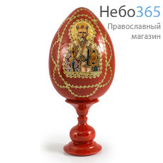  Яйцо пасхальное деревянное на подставке, с иконой, красное, среднее, с золотой отделкой, высотой 14см с иконой святителя Николая Чудотворца, фото 1 