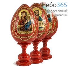  Яйцо пасхальное деревянное на подставке, с иконой, красное, среднее, с золотой отделкой, высотой 14см   в ассортименте из имеющихся разновидностей, фото 1 