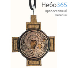  Икона автомобильная 5,3х5,3, на обсидиане с посеребрением, на деревянном кресте, подвесная, круглая Божией Матери икона Казанская, фото 1 