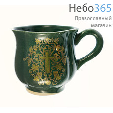  Чашка керамическая для святой воды, Тюльпан, с белой или цветной глазурью, с золотой деколью, двух видов цвет: зеленый, фото 1 
