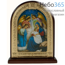  Икона на дереве 11х13, Рождество Христово, арочная, на подставке на синем фоне, фото 1 