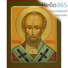  Николай Чудотворец, святитель. Икона писаная 17х21х2 см, цветной фон, золотой нимб, с ковчегом (Шун), фото 1 