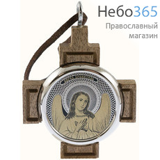  Икона автомобильная 5,3х5,3, на обсидиане с посеребрением, в посеребренной рамке, на деревянном кресте, подвесная, круглая Ангел Хранитель, фото 1 