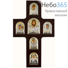  Крест с иконами, 18х29 см, 6 икон, шелкография, серебрение, золочение, деревянная основа (ST2-XAG) (Ж), фото 1 